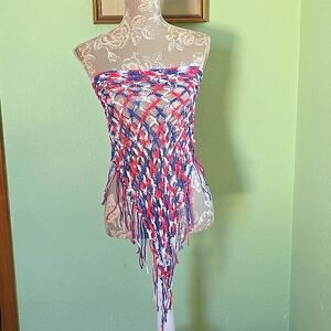 One Of a Kind Crochet Red, White Blue Swim Sarong Cover Up Shawl Top With Fringe